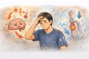 40代男性の自律神経の乱れと体液循環の低下によって回復力が落ちている様子を表したイラスト