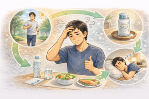 水分補給・適度な運動・十分な睡眠と塩分を適切に摂ることで体調を整える40代男性の生活習慣を表したイラスト