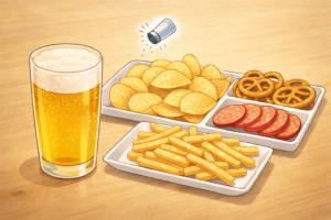 ビールと塩分の多いおつまみのイラスト｜飲酒と塩分摂取がむくみの原因になるイメージ