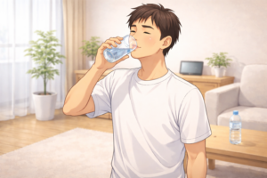 飲酒翌日に水を飲んで体の水分バランスを整える40代男性のイラスト｜むくみ対策のイメージ