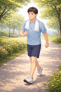 飲酒翌日に公園をウォーキングして体を整える40代男性のイラスト｜むくみを戻す軽い運動のイメージ