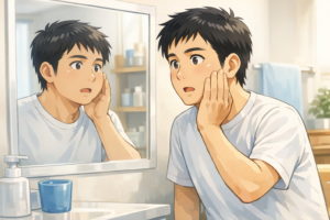 酒の翌朝に鏡を見て顔のむくみに気づく40代男性|アルコール翌日の一時的な水分増加のイメージ