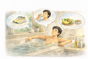 入浴しながら水分補給や食事、運動を意識して体調管理をしている40代男性の生活イメージ