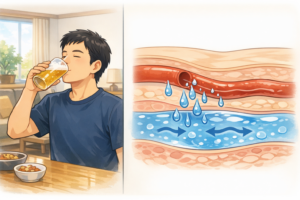 飲酒後に体内の水分バランスが崩れて血管から水分が漏れ、皮膚の下に溜まるむくみの仕組み