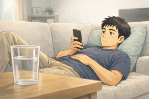 酒の翌日 むくみが戻らない原因で動かず過ごす40代男性|水分不足と運動不足のイメージ