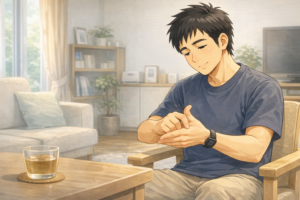 むくみ 解消 ツボを押す40代男性|合谷などのセルフケアで体を整えるイメージ