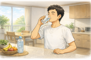 飲酒後のむくみを改善するために朝に水分補給をしている40代男性の生活シーン