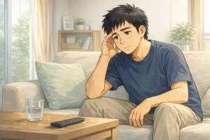 酒の翌日 だるい むくみが抜けない40代男性|回復力低下による症状のイメージ