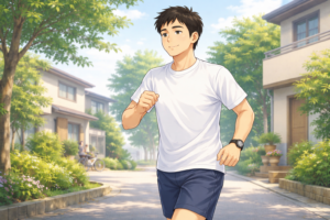 酒の翌日 むくみ 解消のためにウォーキングする40代男性|血流改善と回復促進のイメージ