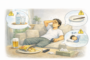 むくみを悪化させるNG行動である水の一気飲み・食べない・動かない生活のイメージ